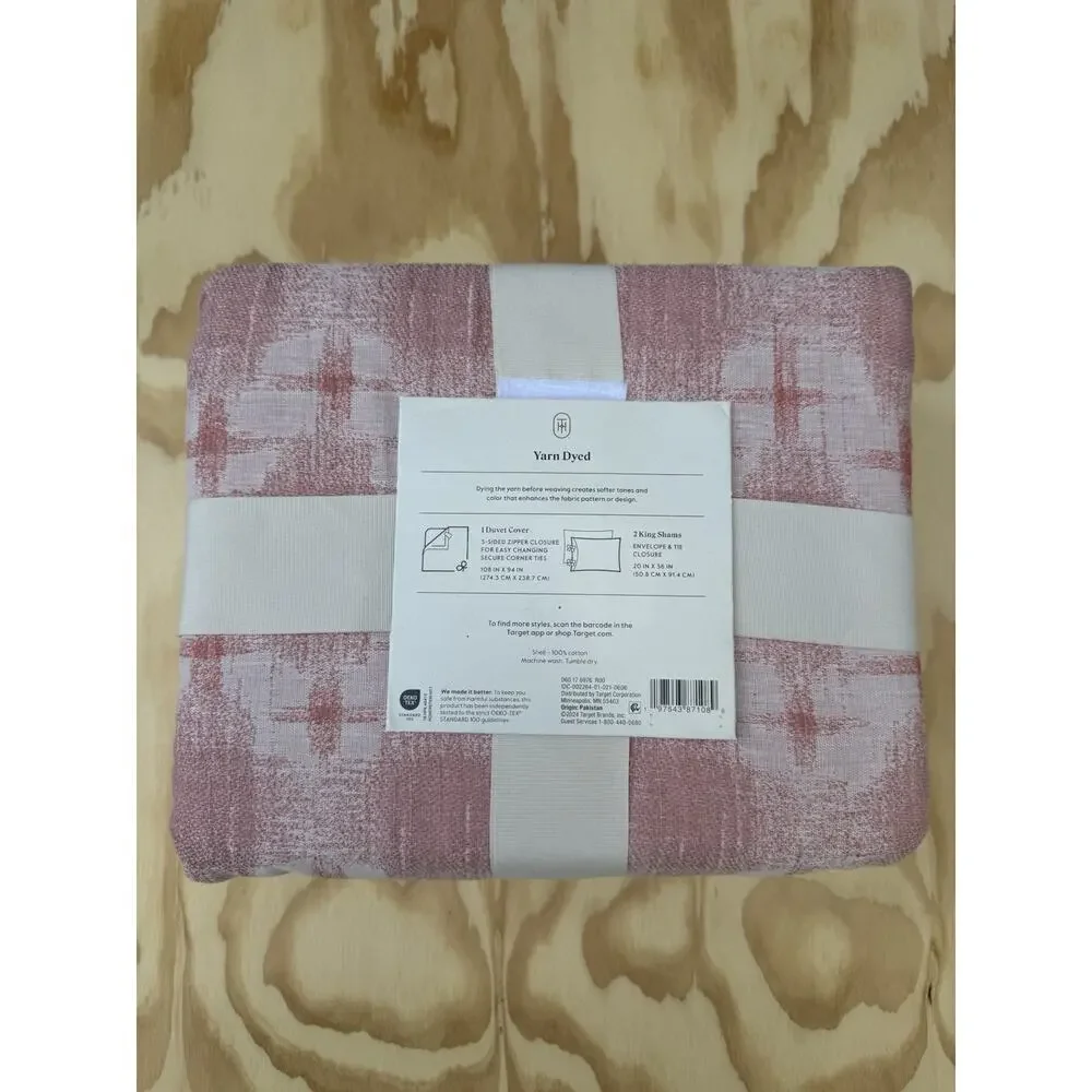 Threshold King Yarn Dyed Cotton Duvet Cover Set Pink Geometric Boho Cottagecore